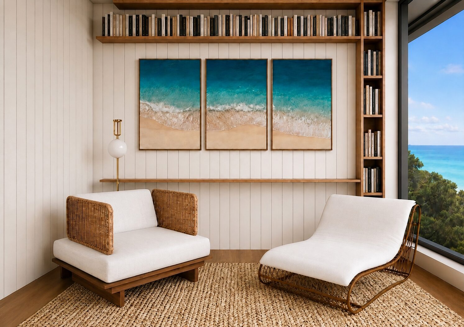 Sala de estar com marcenaria em madeira, poltronas de palha e vista para o mar