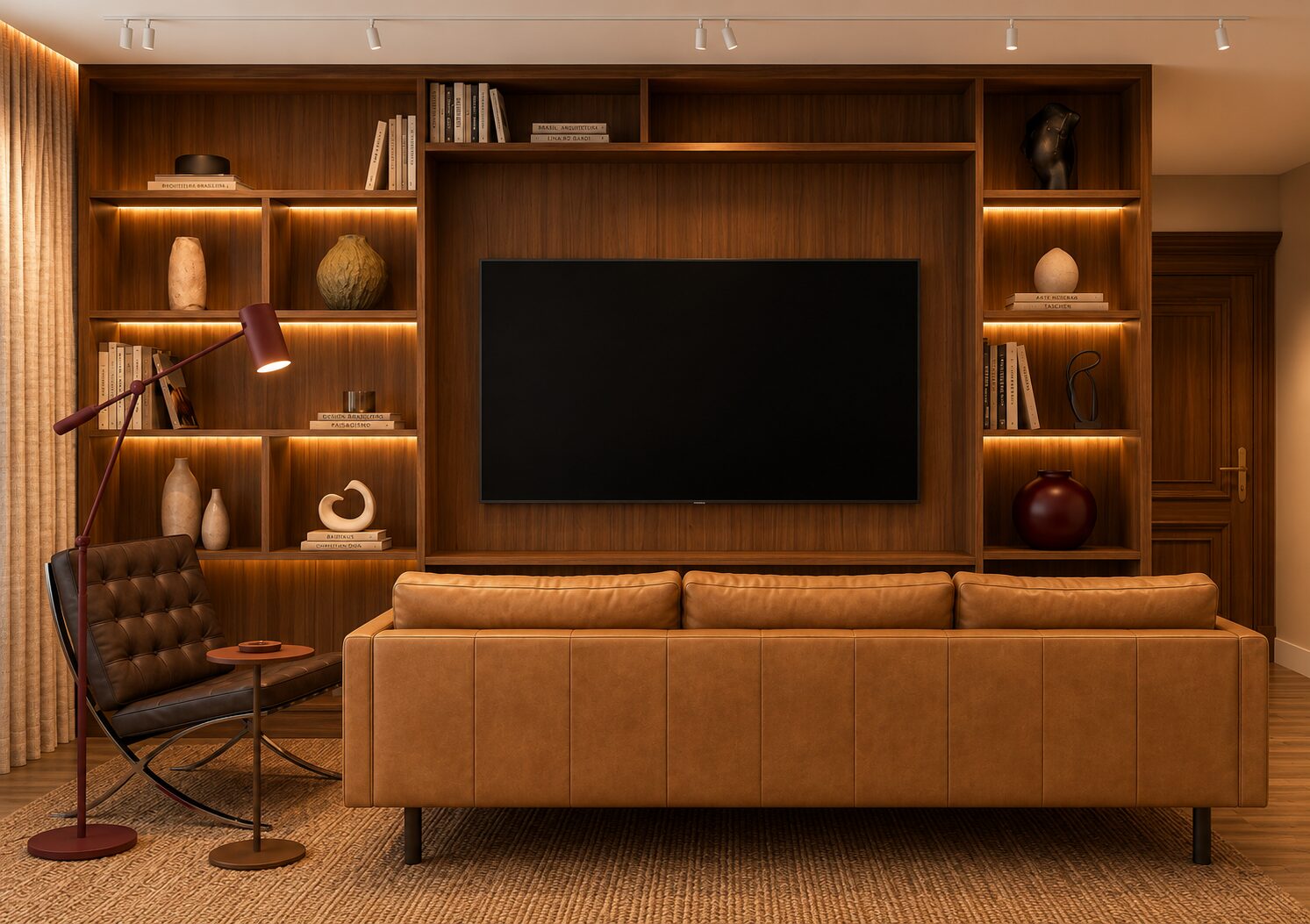 Sala de estar com painel de madeira, sofá de couro caramelo e poltrona Barcelona